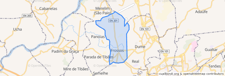 Mapa de ubicacion de Merelim (São Pedro) e Frossos.