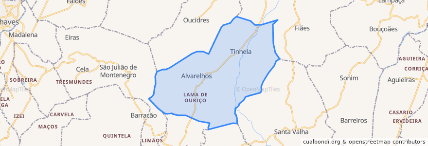 Mapa de ubicacion de Tinhela e Alvarelhos.