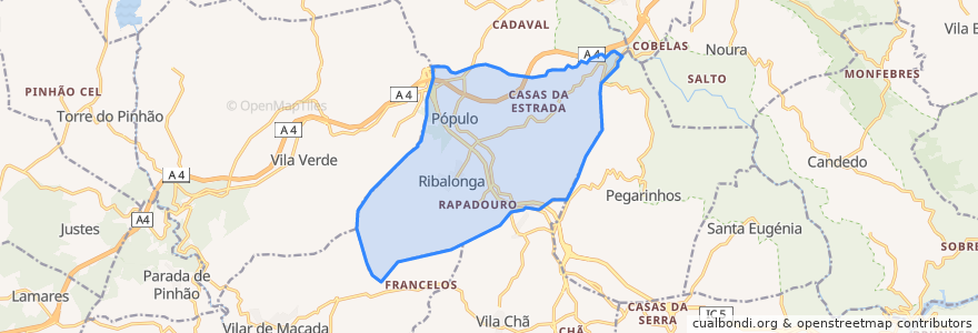 Mapa de ubicacion de Pópulo e Ribalonga.