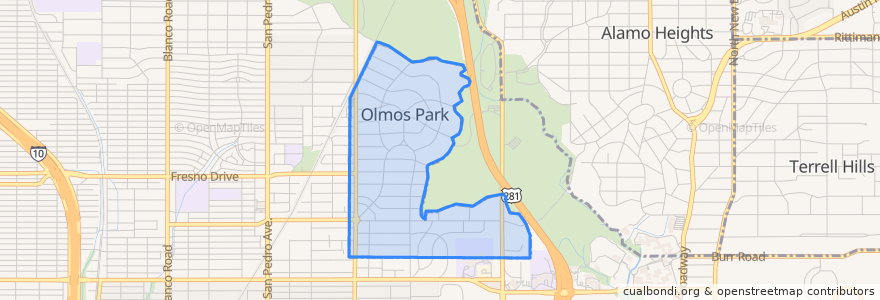 Mapa de ubicacion de Olmos Park.