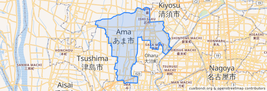 Mapa de ubicacion de あま市.