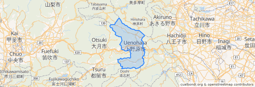 Mapa de ubicacion de 上野原市.