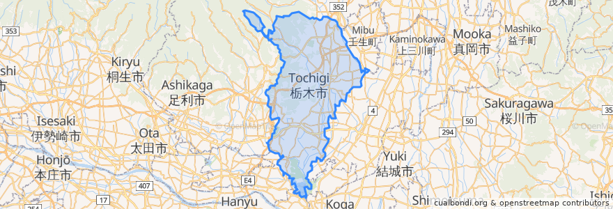 Mapa de ubicacion de 栃木市.