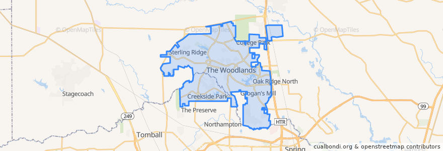 Mapa de ubicacion de The Woodlands.