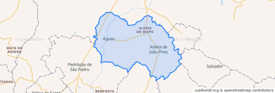 Mapa de ubicacion de Aldeia do Bispo, Águas e Aldeia de João Pires.