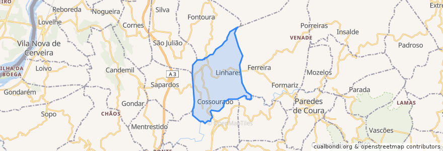 Mapa de ubicacion de Cossourado e Linhares.