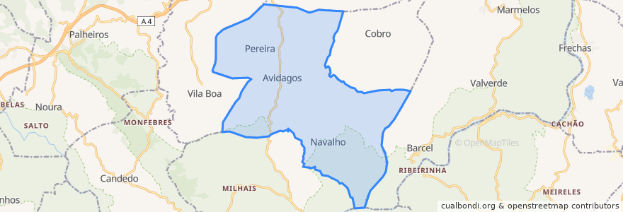 Mapa de ubicacion de Avidagos, Navalho e Pereira.