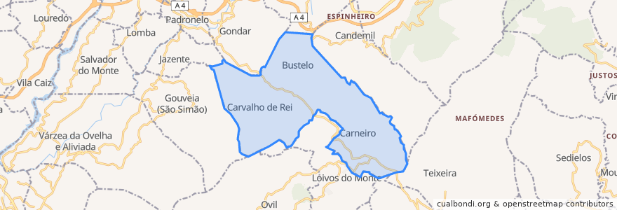 Mapa de ubicacion de Bustelo, Carneiro e Carvalho de Rei.