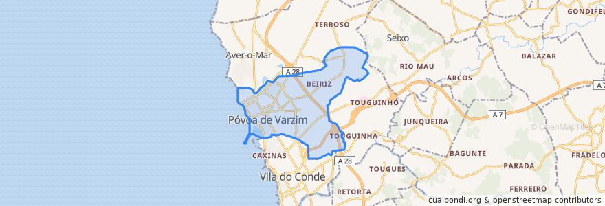 Mapa de ubicacion de Póvoa de Varzim, Beiriz e Argivai.