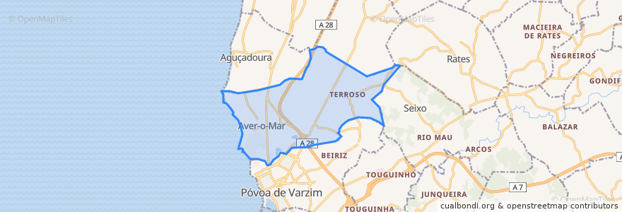 Mapa de ubicacion de Aver-o-Mar, Amorim e Terroso.