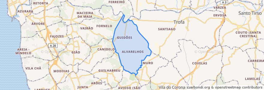 Mapa de ubicacion de Alvarelhos e Guidões.