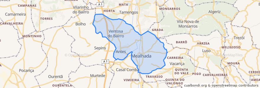 Mapa de ubicacion de Mealhada, Ventosa do Bairro e Antes.