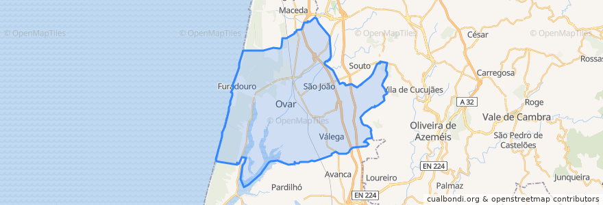 Mapa de ubicacion de Ovar, São João, Arada e São Vicente de Pereira Jusã.