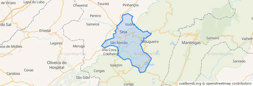 Mapa de ubicacion de Seia, São Romão e Lapa dos Dinheiros.