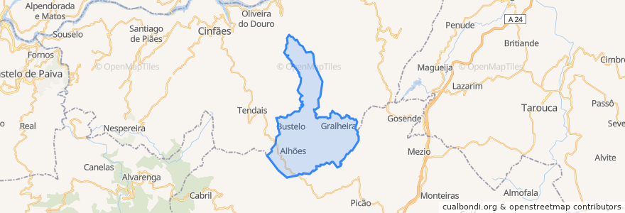 Mapa de ubicacion de Alhões, Bustelo, Gralheira e Ramires.