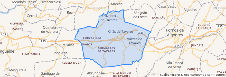 Mapa de ubicacion de Tavares (Chãs, Várzea e Travanca).