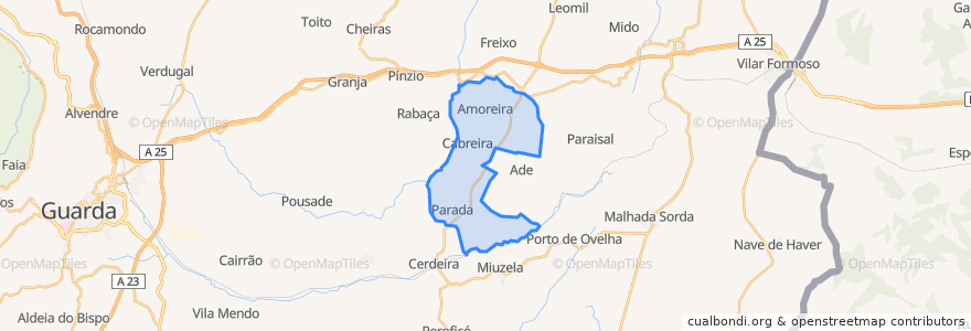 Mapa de ubicacion de Amoreira, Parada e Cabreira.