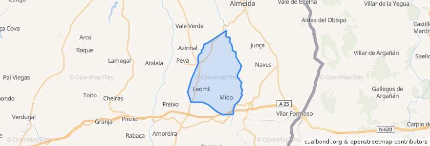 Mapa de ubicacion de Leomil, Mido, Senouras e Aldeia Nova.