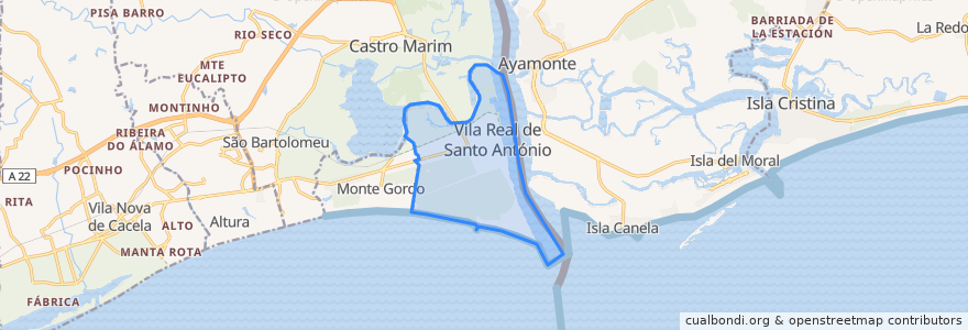 Mapa de ubicacion de Vila Real de Santo António.