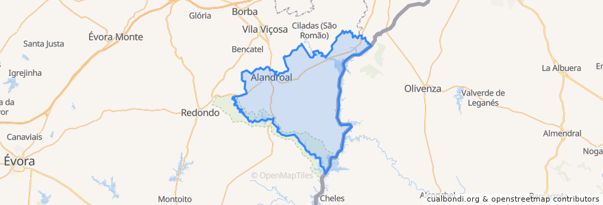 Mapa de ubicacion de Alandroal (Nossa Senhora da Conceição), São Brás dos Matos (Mina do Bugalho) e Juromenha (Nossa Senhora do Loreto).