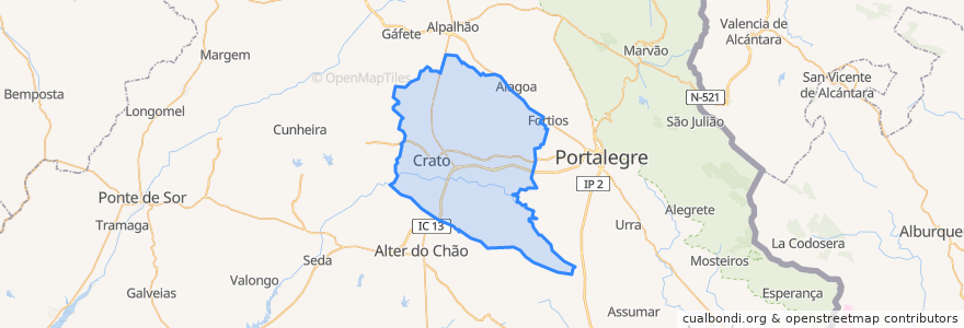 Mapa de ubicacion de Crato e Mártires, Flor da Rosa e Vale do Peso.