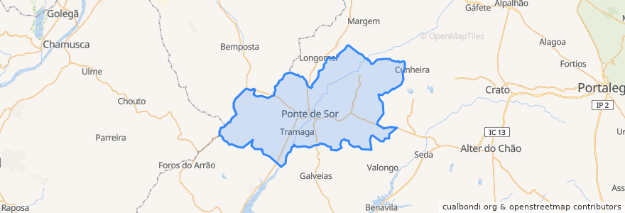 Mapa de ubicacion de Ponte de Sor, Tramaga e Vale de Açor.