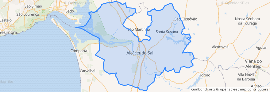 Mapa de ubicacion de Alcácer do Sal (Santa Maria do Castelo e Santiago) e Santa Susana.