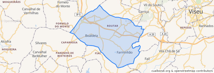 Mapa de ubicacion de Boa Aldeia, Farminhão e Torredeita.