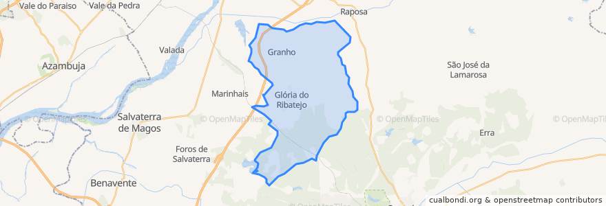 Mapa de ubicacion de Glória do Ribatejo e Granho.