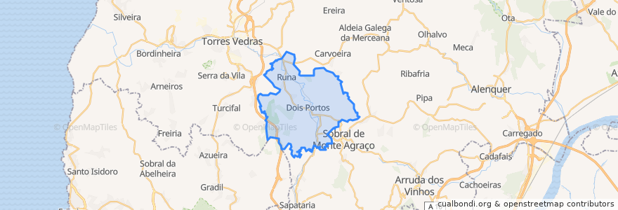 Mapa de ubicacion de Dois Portos e Runa.