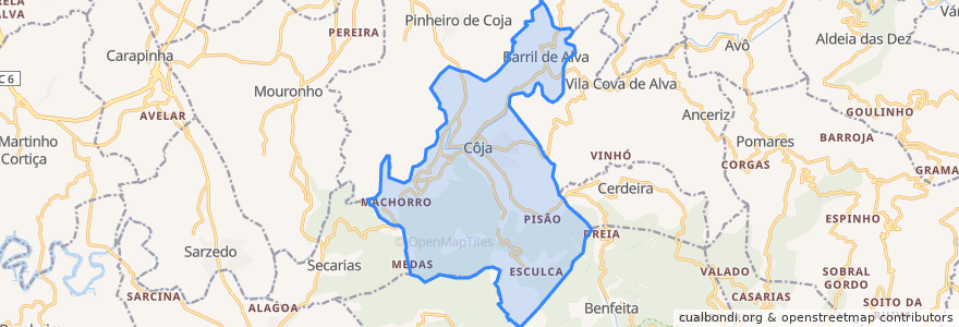 Mapa de ubicacion de Côja e Barril de Alva.