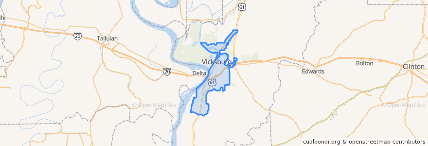 Mapa de ubicacion de Vicksburg.