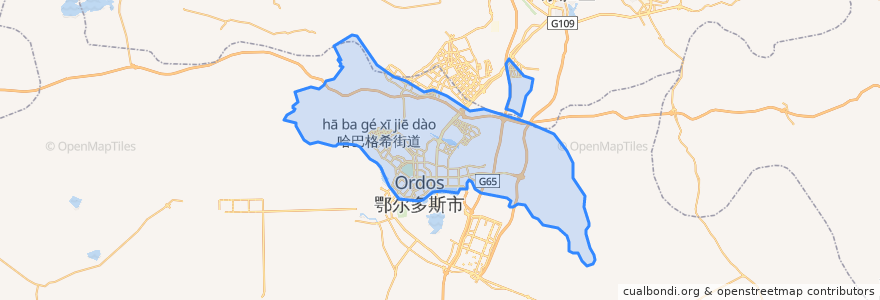 Mapa de ubicacion de 康巴什区 ᠬᠢᠶ᠎ᠠ ᠪᠠᠭᠰᠢ ᠳᠤᠭᠤᠷᠢᠭ.