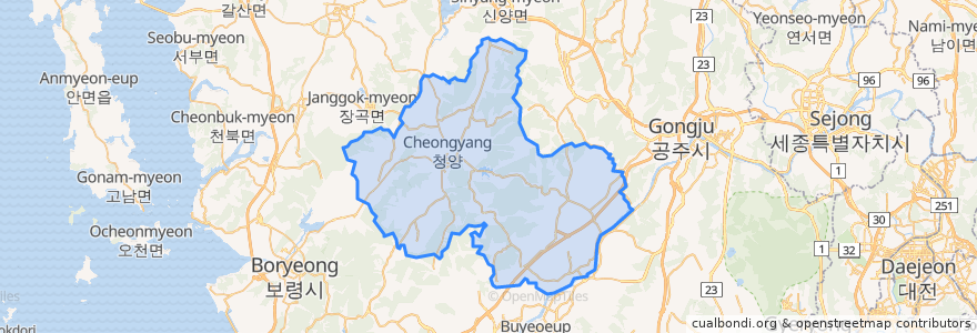 Mapa de ubicacion de 청양군.