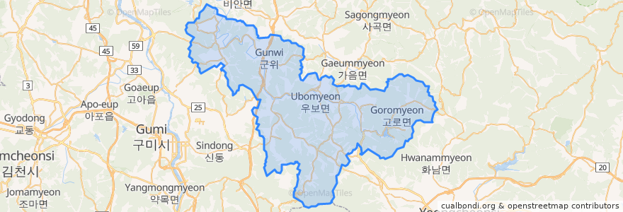 Mapa de ubicacion de 군위군.