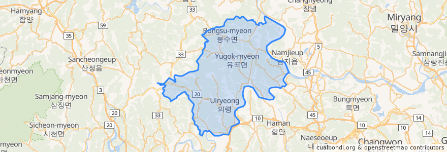 Mapa de ubicacion de 의령군.