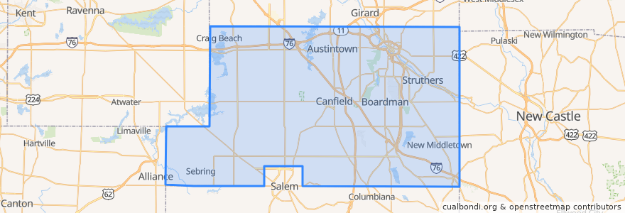 Mapa de ubicacion de Mahoning County.