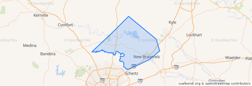 Mapa de ubicacion de Comal County.