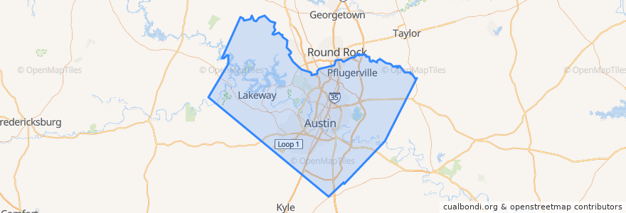 Mapa de ubicacion de Travis County.