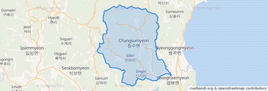 Mapa de ubicacion de 창수면.