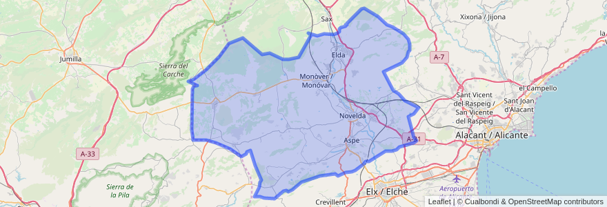 Mapa de ubicacion de el Vinalopó Mitjà / El Vinalopó Medio.