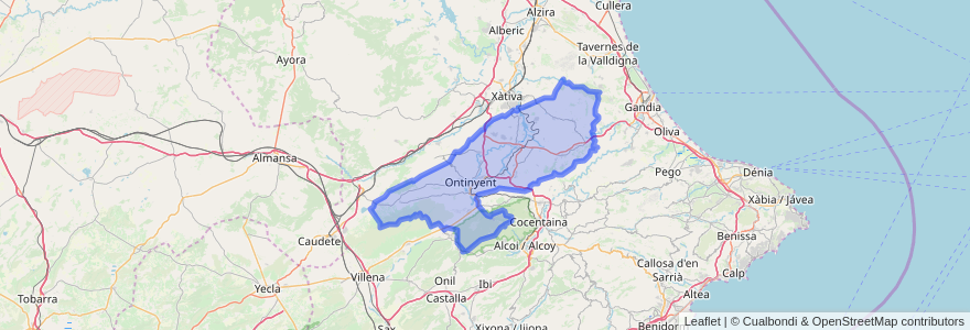 Mapa de ubicacion de la Vall d'Albaida.