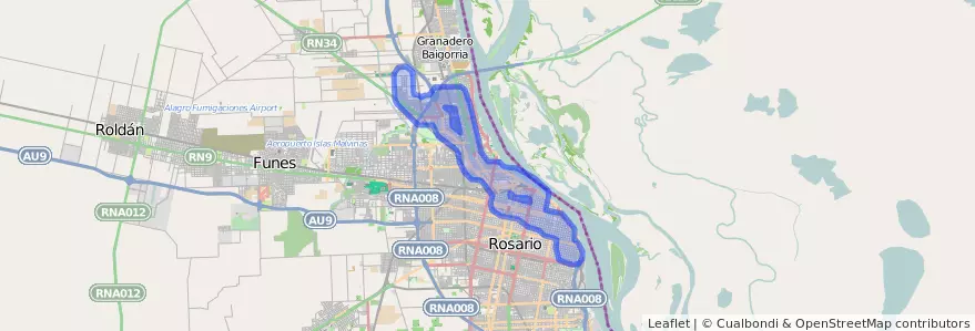 Public transportation coverage of the line 102 in Rosario.
