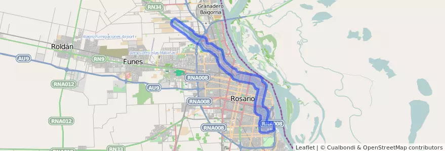 Public transportation coverage of the line 106 in Rosario.
