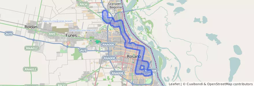 Public transportation coverage of the line 107 in Rosario.