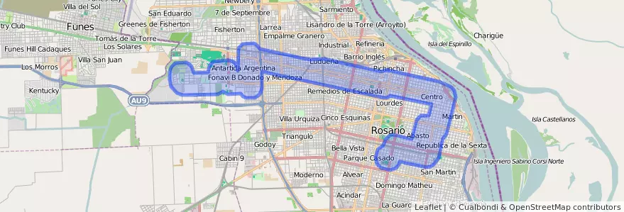 Public transportation coverage of the line 116 in Rosario.