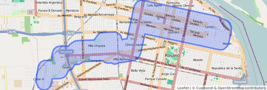 Dekking van het openbaar vervoer van de lijn 121 in Rosario.