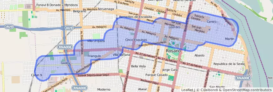 Public transportation coverage of the line 123 in Rosario.