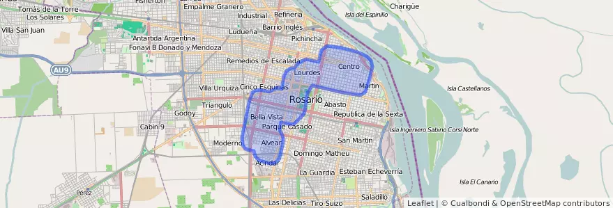 Public transportation coverage of the line 126 in Rosario.