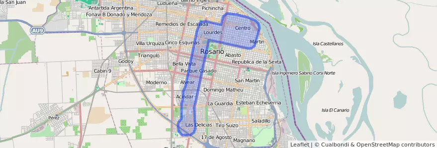 Public transportation coverage of the line 127 in Rosario.